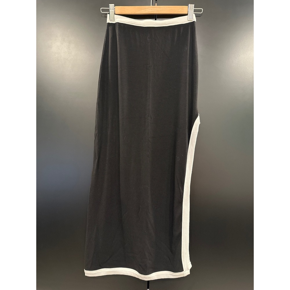 Georgie Black Ribbed Knit Midi Skirt White Contrast Trim Side Slit Small NWT